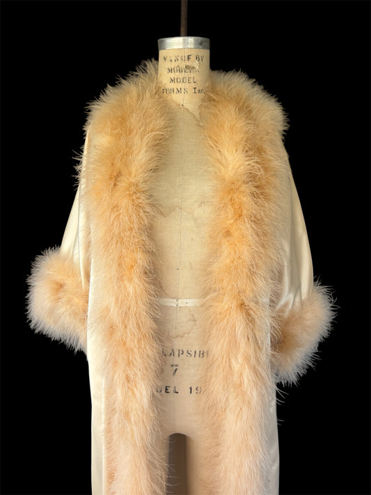 Peach 1960s marabou feather trimmed satin robe/old Hollywood