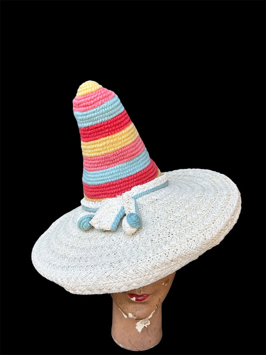 1930s candy striped pointed novelty knit hat with straw brim & pom poms