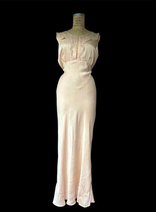 1930s keyhole bias cut slip dress with lace appliqué