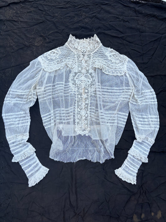 Victorian 1880s net blouse with Irish lace