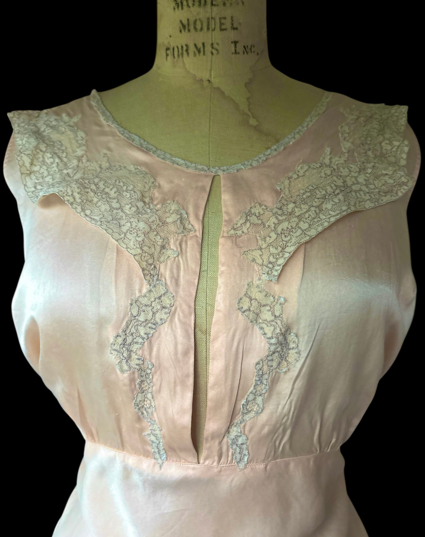 1930s keyhole bias cut slip dress with lace appliqué
