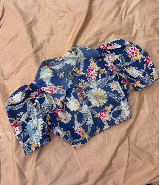 1930s cropped puff sleeve novelty print cotton blouse