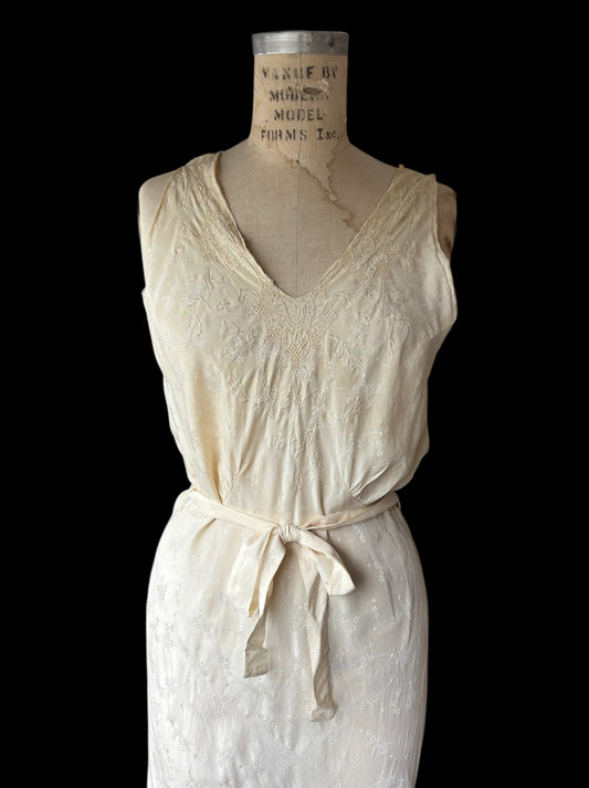 1930s cream bias cut damask & cutwork slip dress
