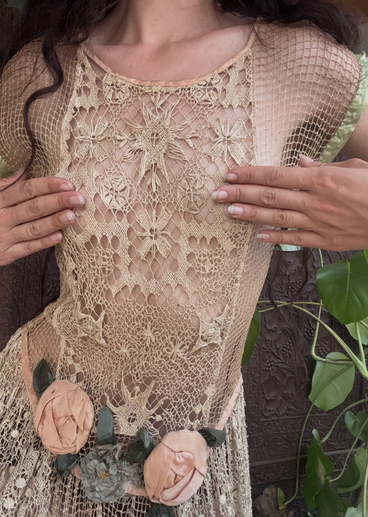 1920s spiderweb crochet net gown with rosettes
