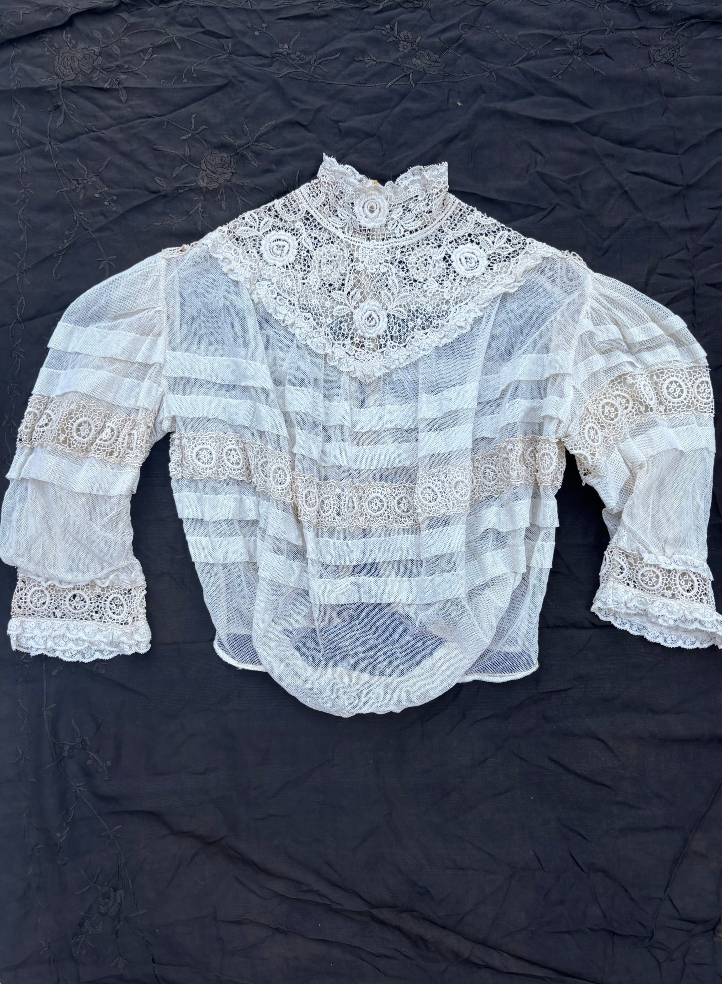 Victorian 1880s net blouse with Irish lace 3/4 length sleeves