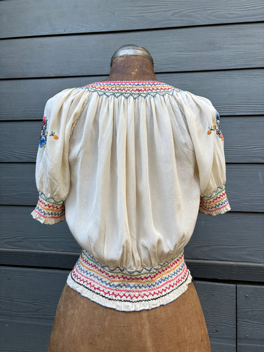 1930s silk embroidered Hungarian peasant blouse