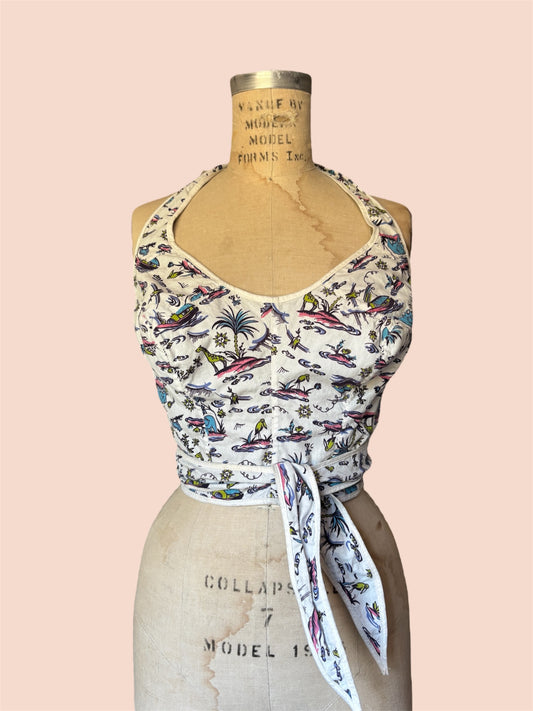 1950s reversible novelty halter tie top