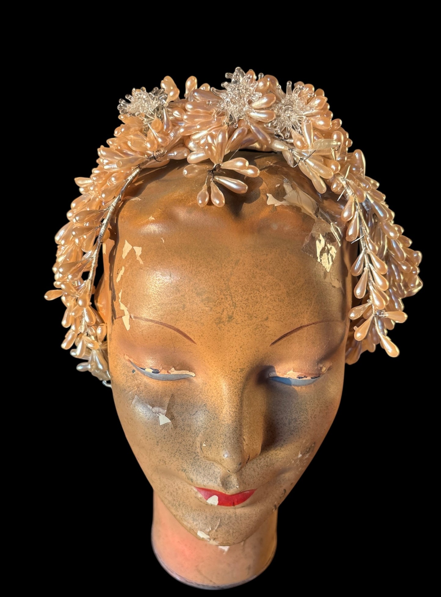 1930s wax bridal crown with handblown glass flowers