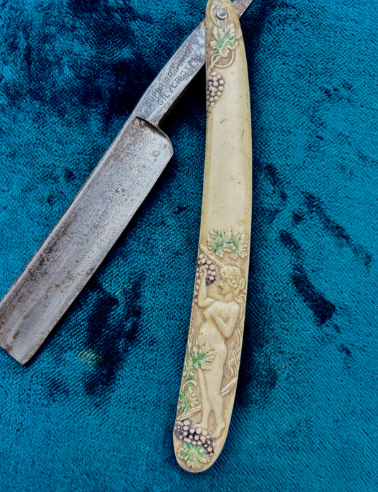1910s nouveau German celluloid straight razor with nude Grecian lady