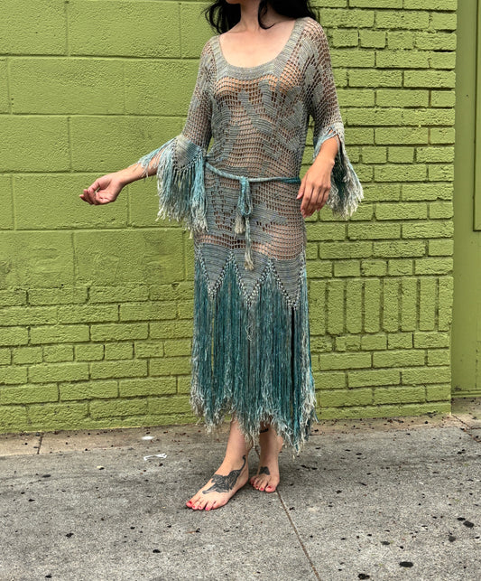 1920s seafoam blue ombré crocheted dress with fringe