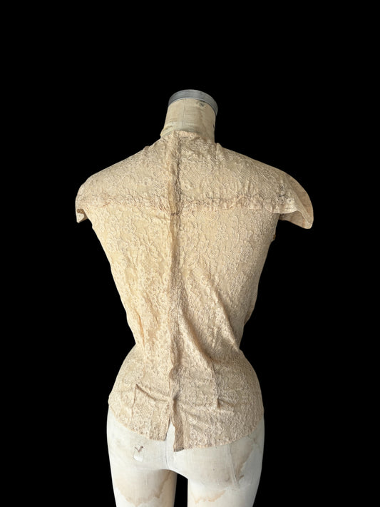 Early 1930s pintucked ecru tambour lace blouse by Yolande hand made