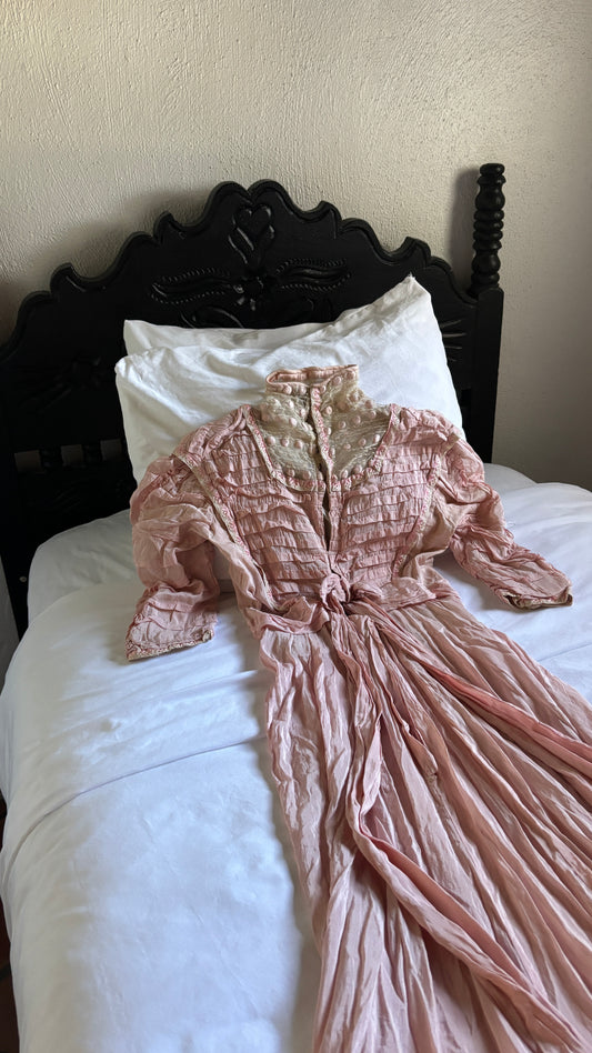 Pink Edwardian lawn dress/tea gown with embroidered lace collar
