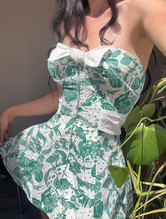 1950s novelty island print boned bustier top/micro mini