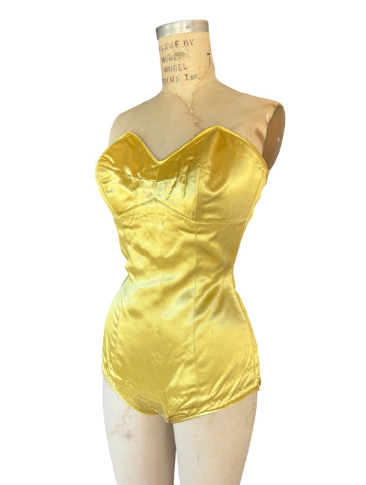 1940s/50s yellow satin one-piece showgirl costume