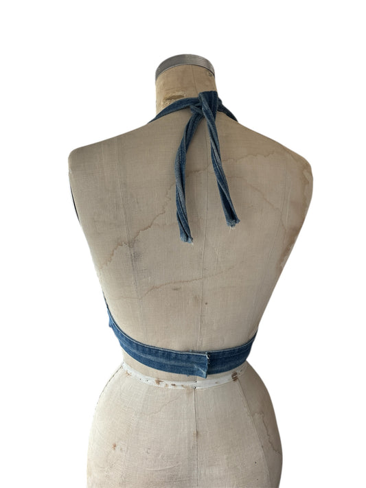 1970s hippie denim halter top made from jeans