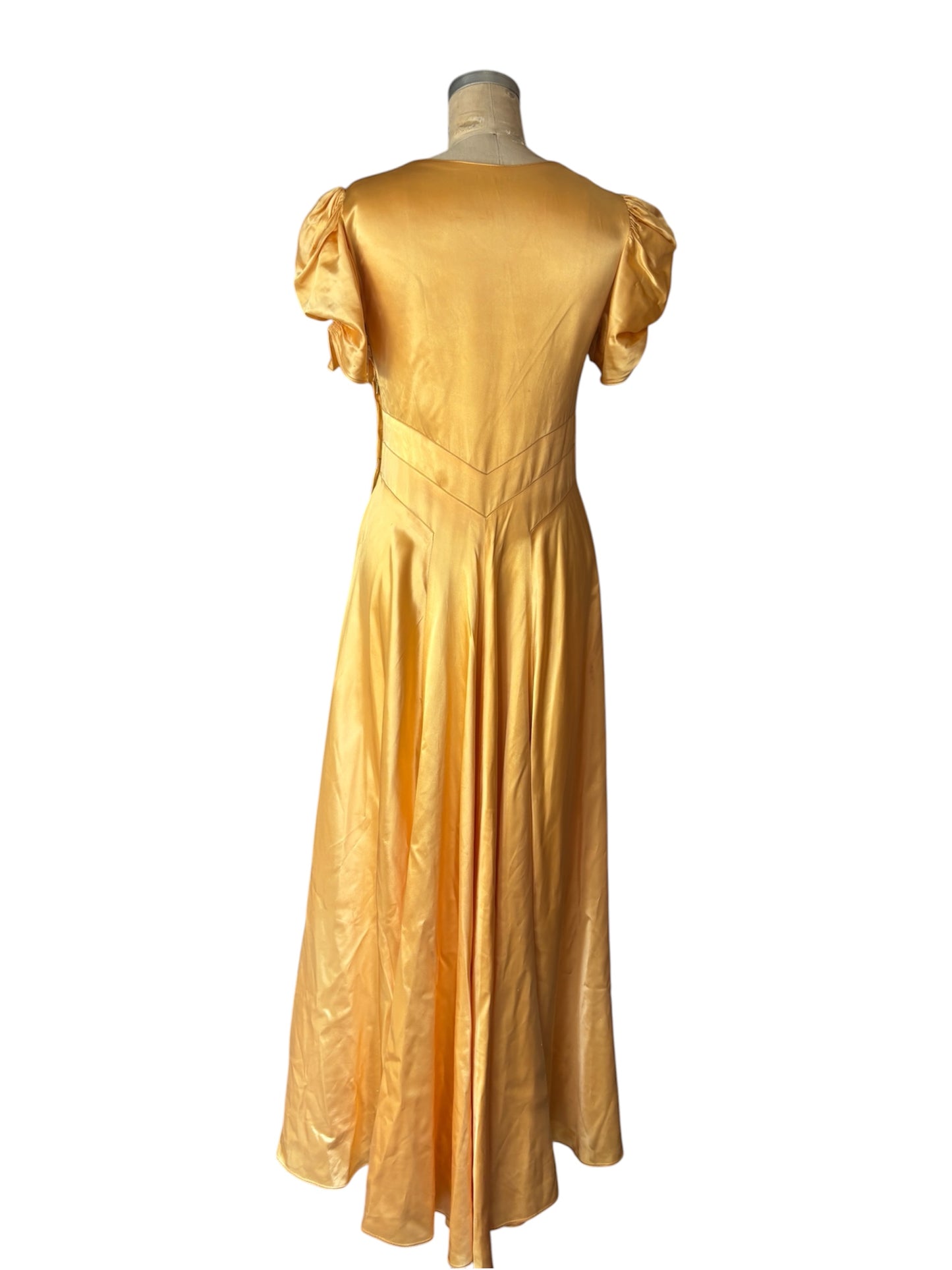 1940s puff sleeve liquid gold evening gown