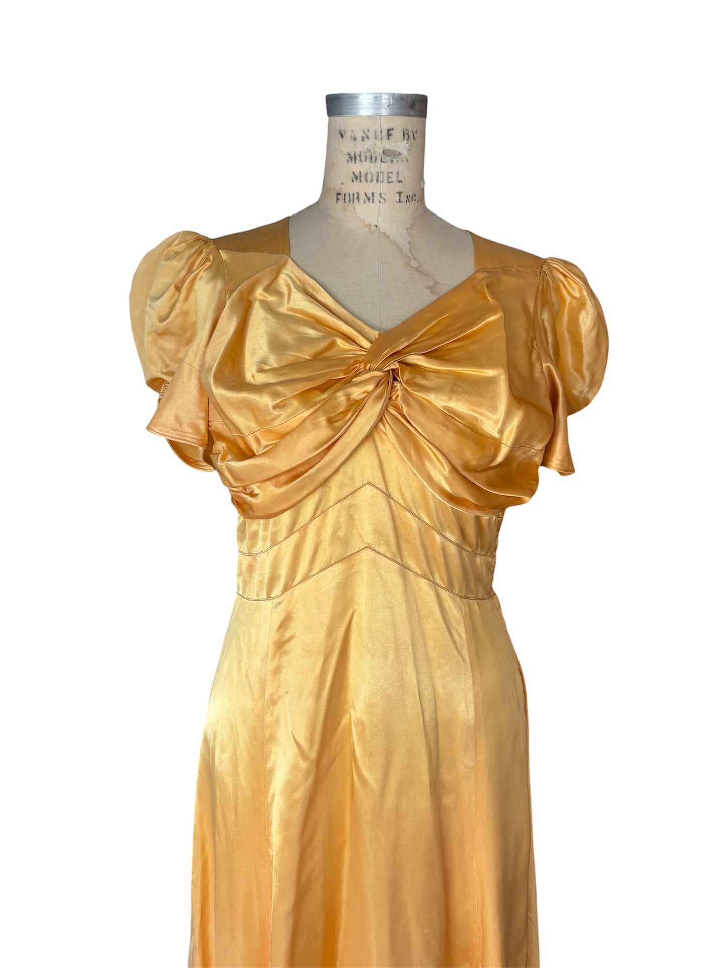 1940s puff sleeve liquid gold evening gown