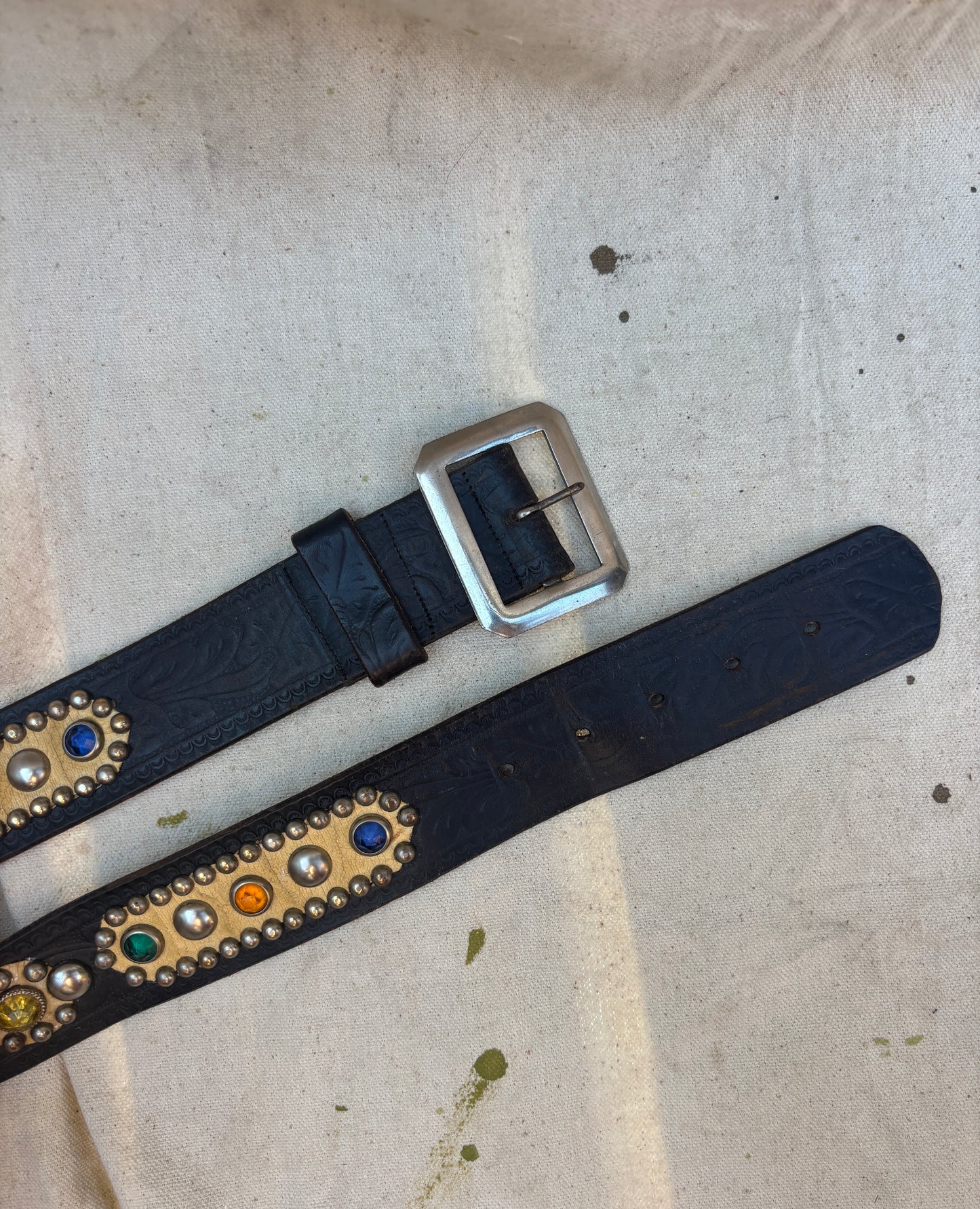 1950s black jeweled & studded belt with contrasting white leather
