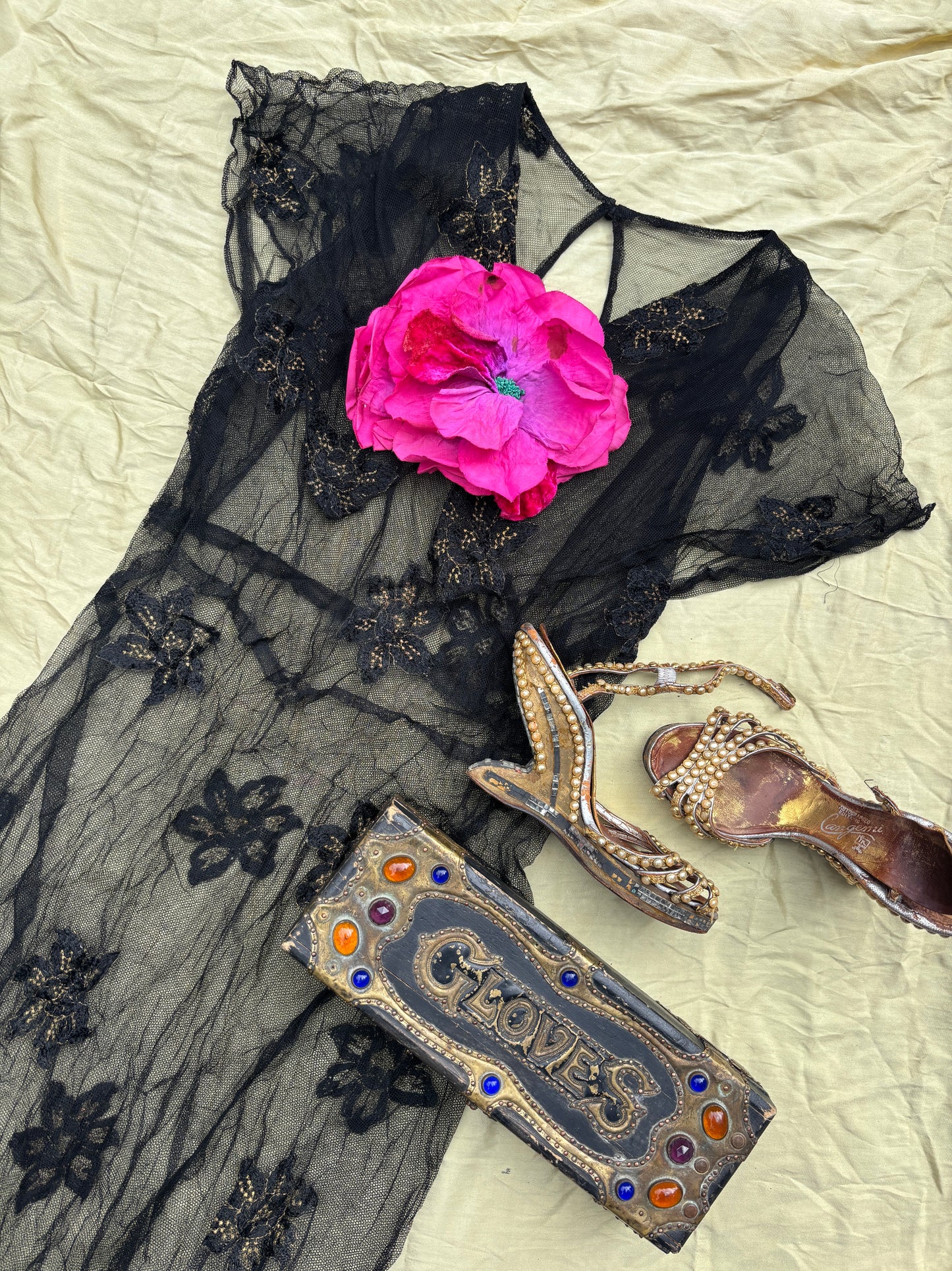 1930s embroidered net gown with velvet rose appliqué