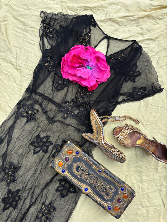 1930s embroidered net gown with velvet rose appliqué