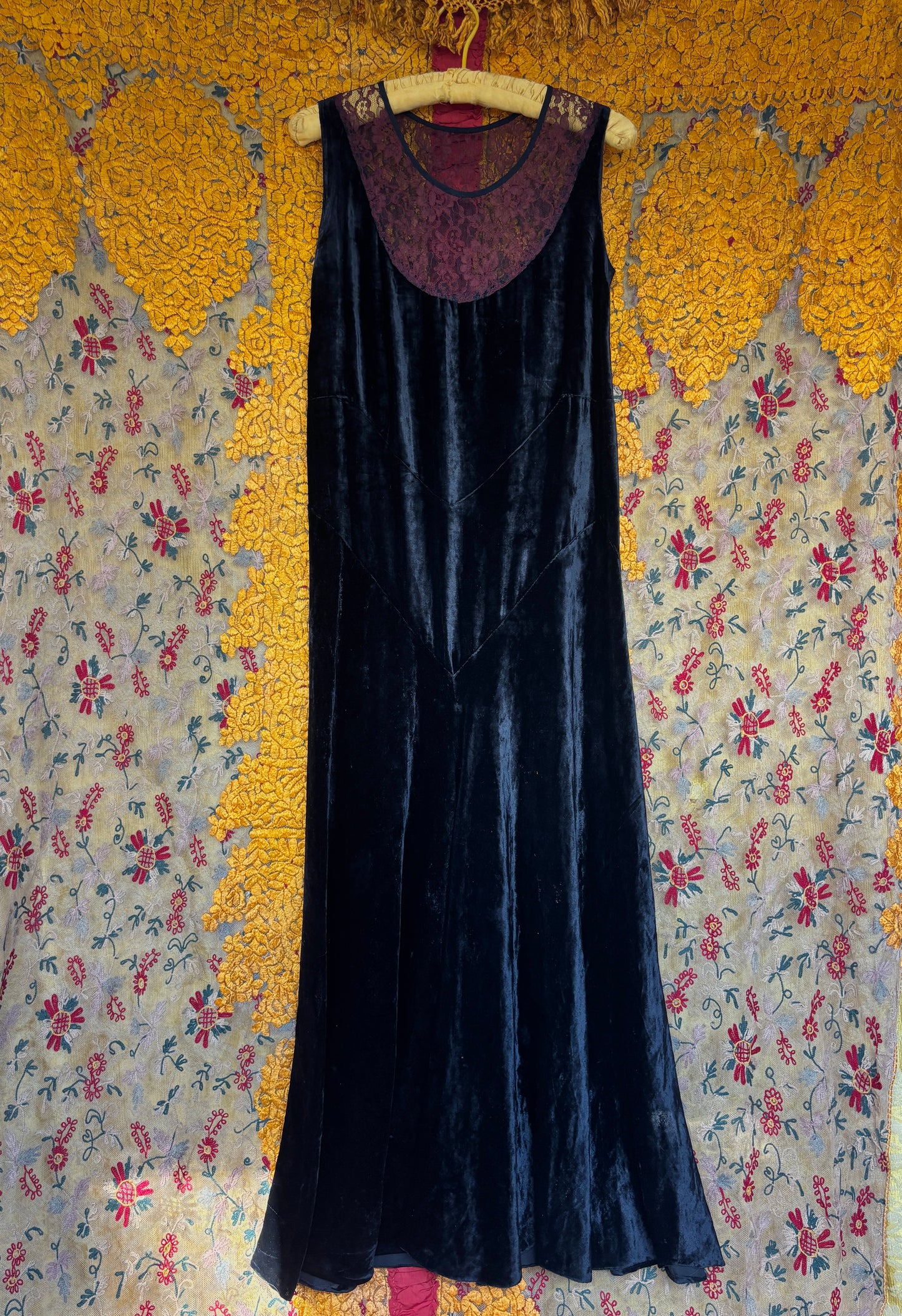 1930s gothic velvet deco gown with lace collar