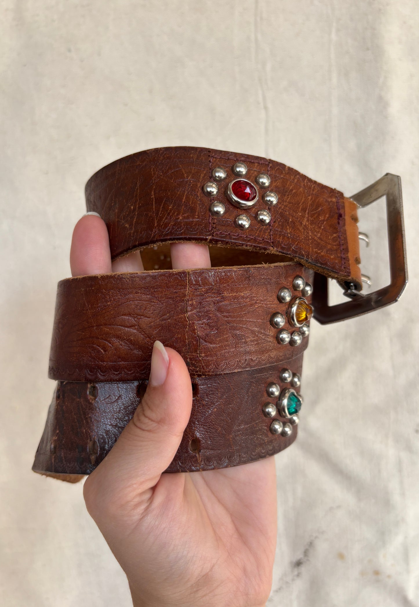 1950s studded & jeweled tooled leather belt