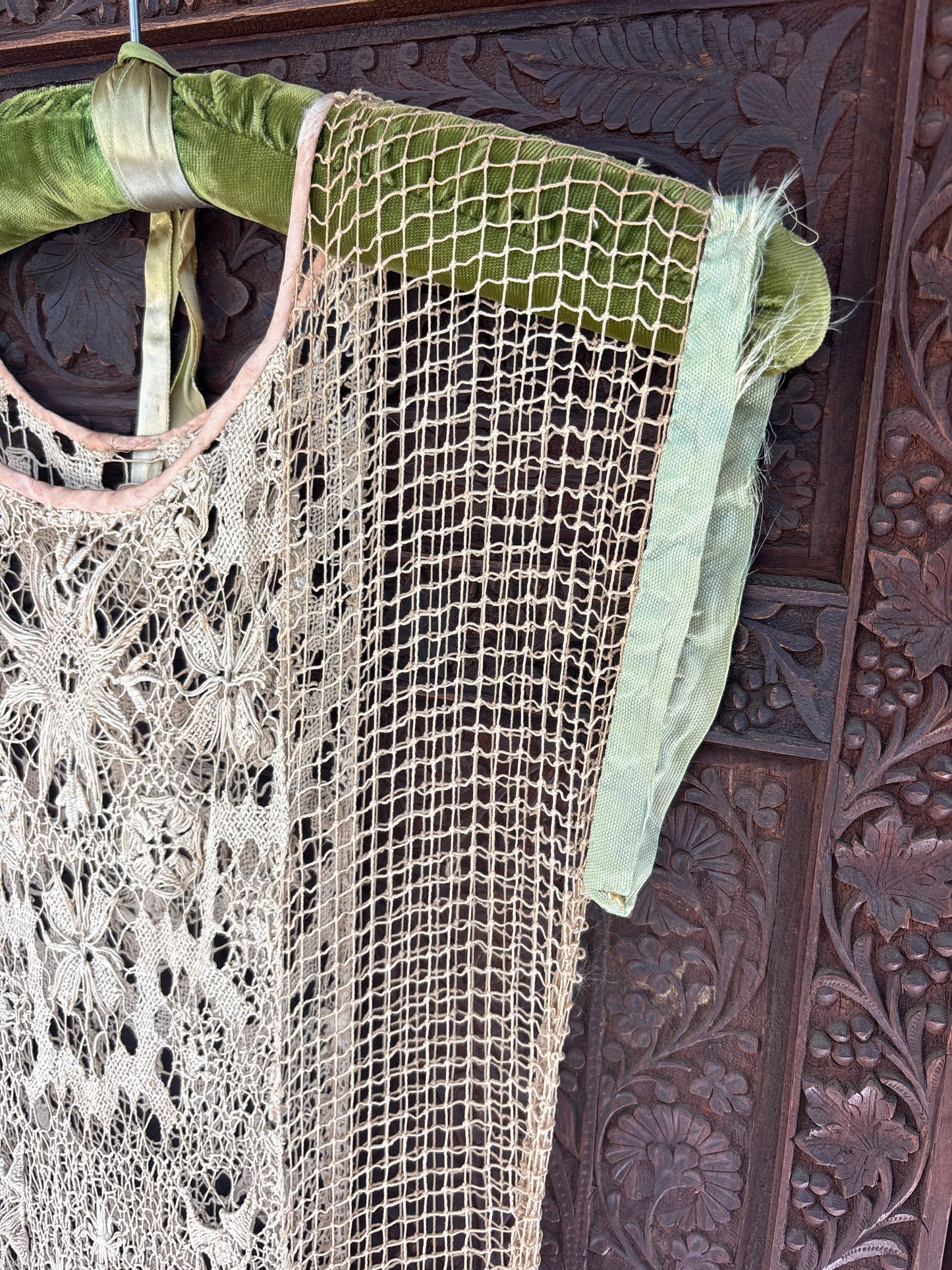 1920s spiderweb crochet net gown with rosettes