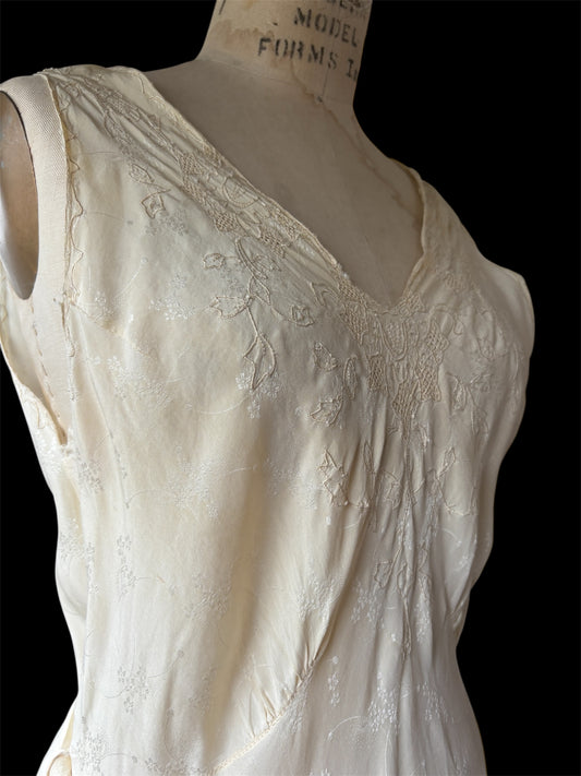 1930s cream bias cut damask & cutwork slip dress