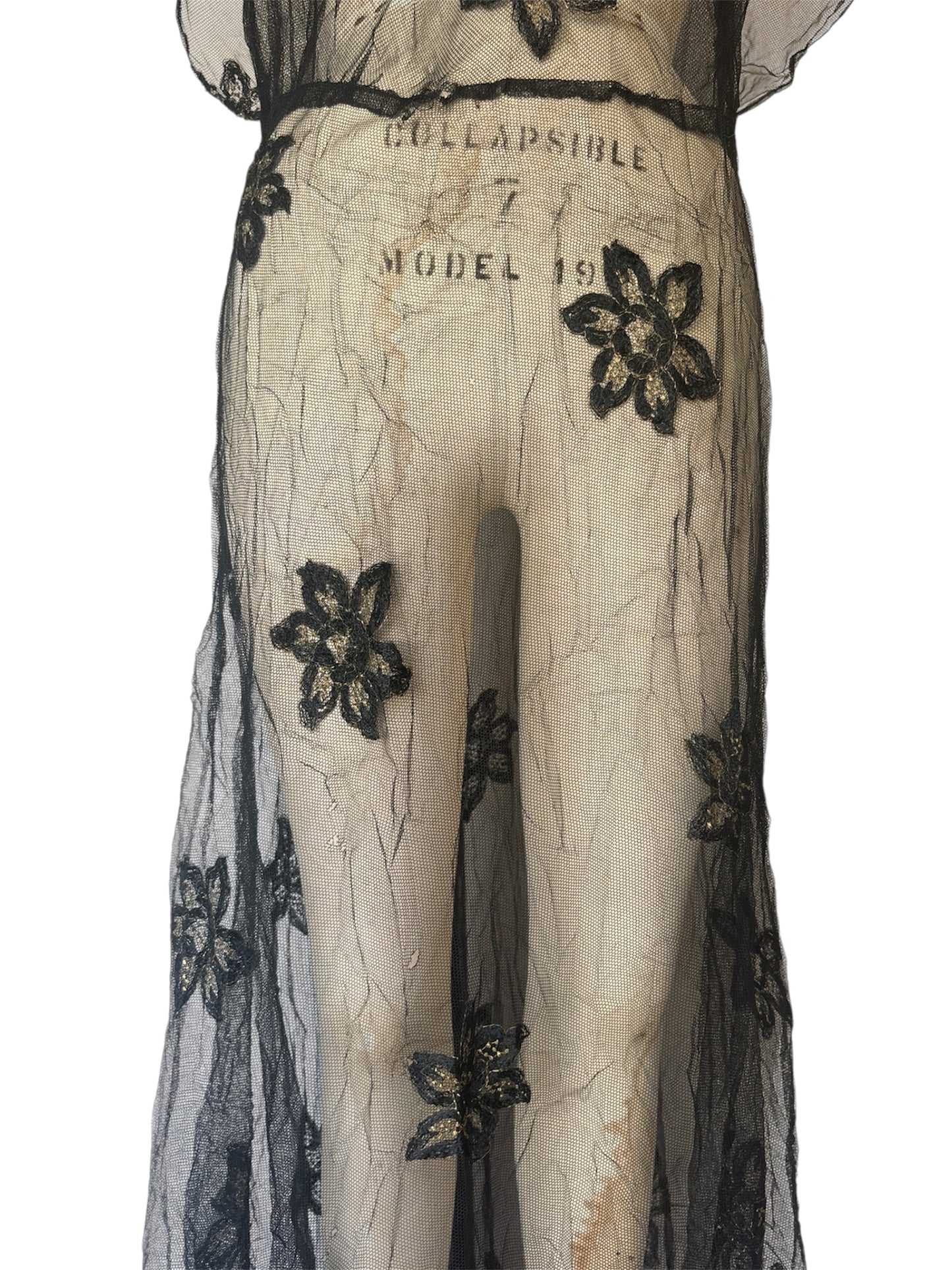 1930s embroidered net gown with velvet rose appliqué