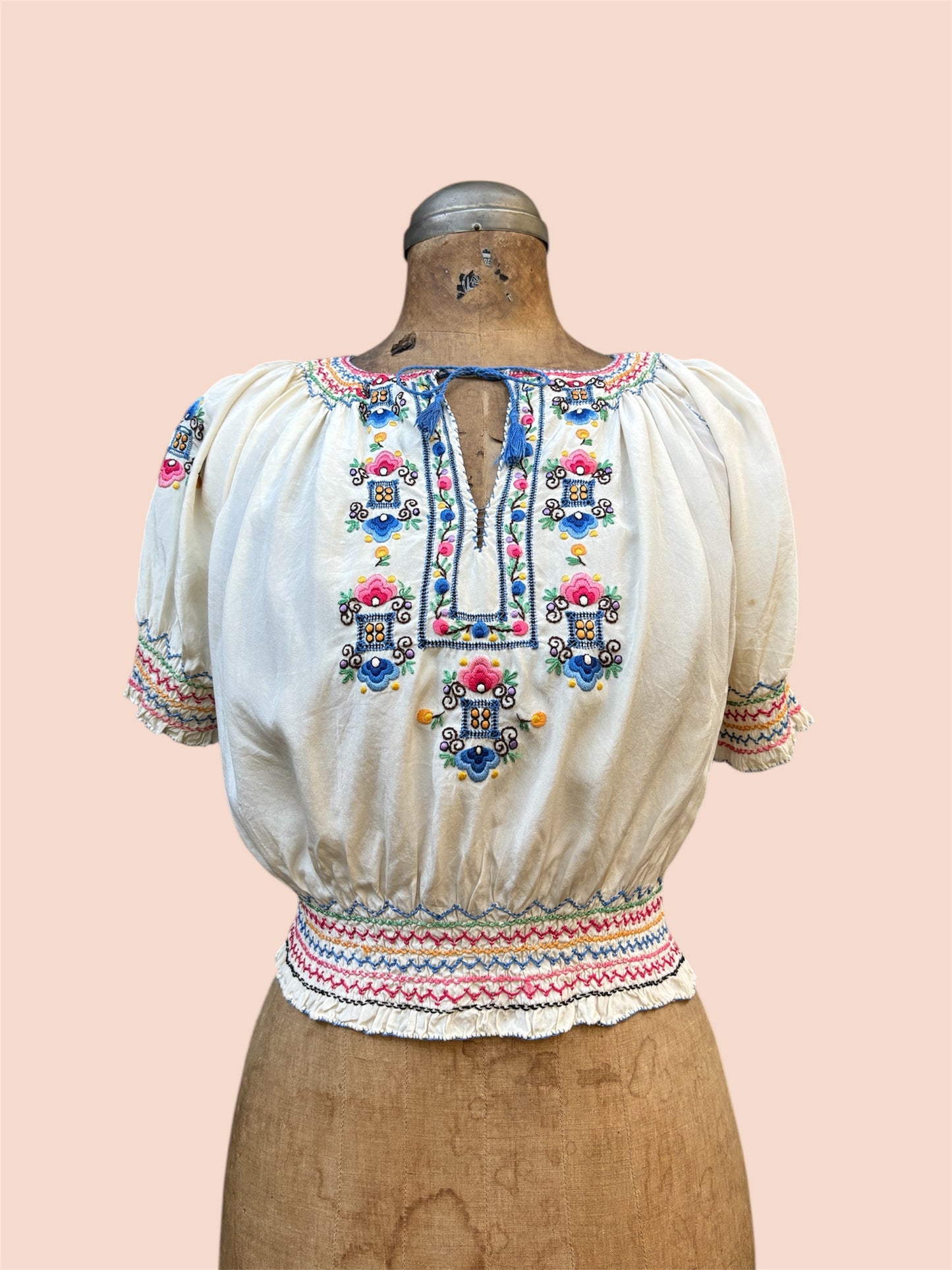1930s silk embroidered Hungarian peasant blouse