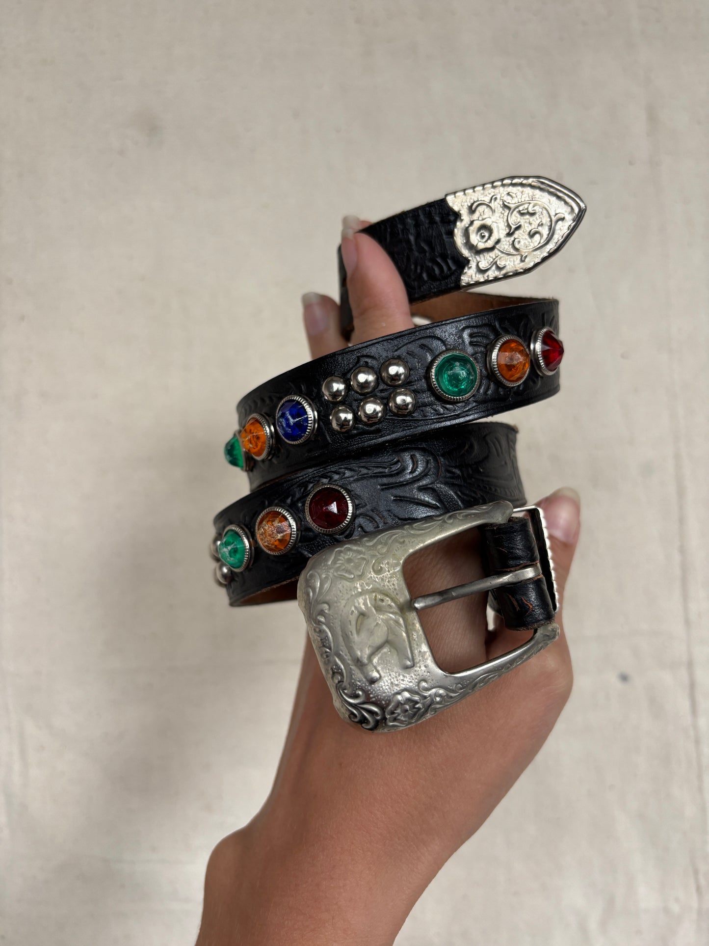 1950s/60s studded & jeweled black leather western belt