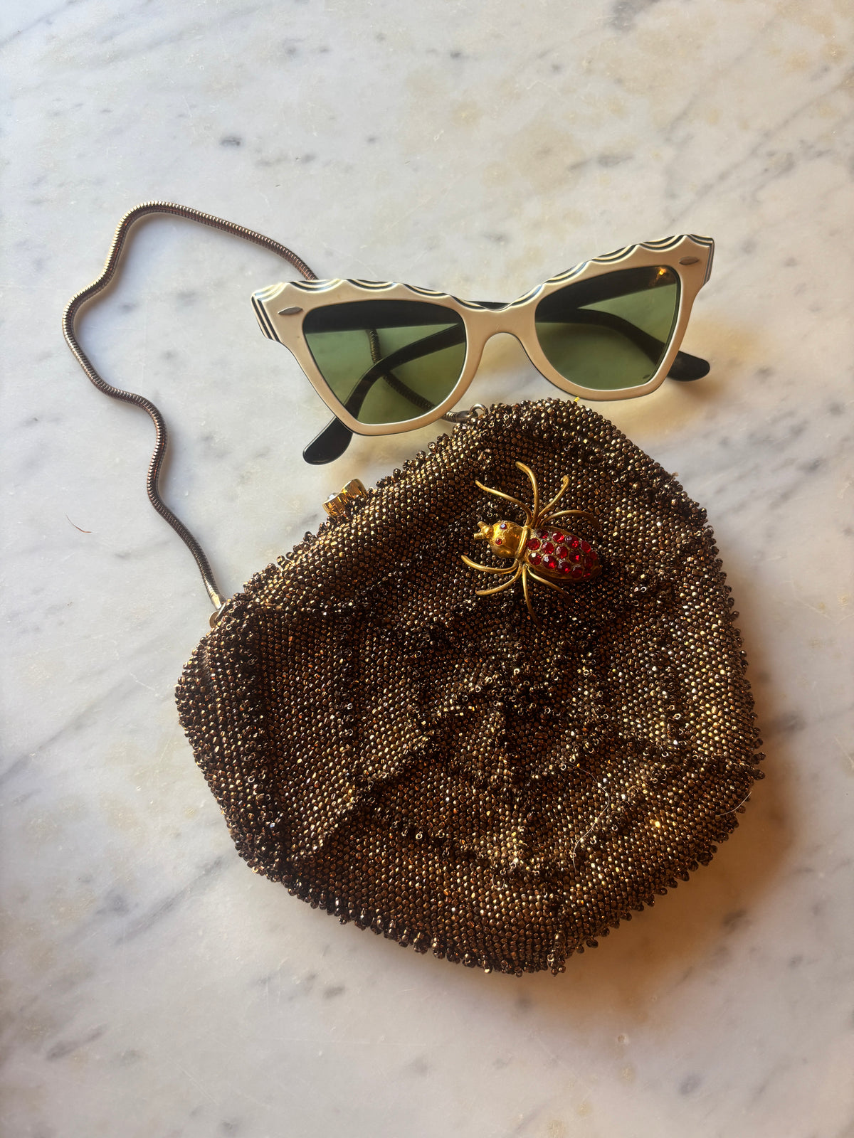 1950s Rare Spiderweb Beaded Purse with Rhinestone Spider