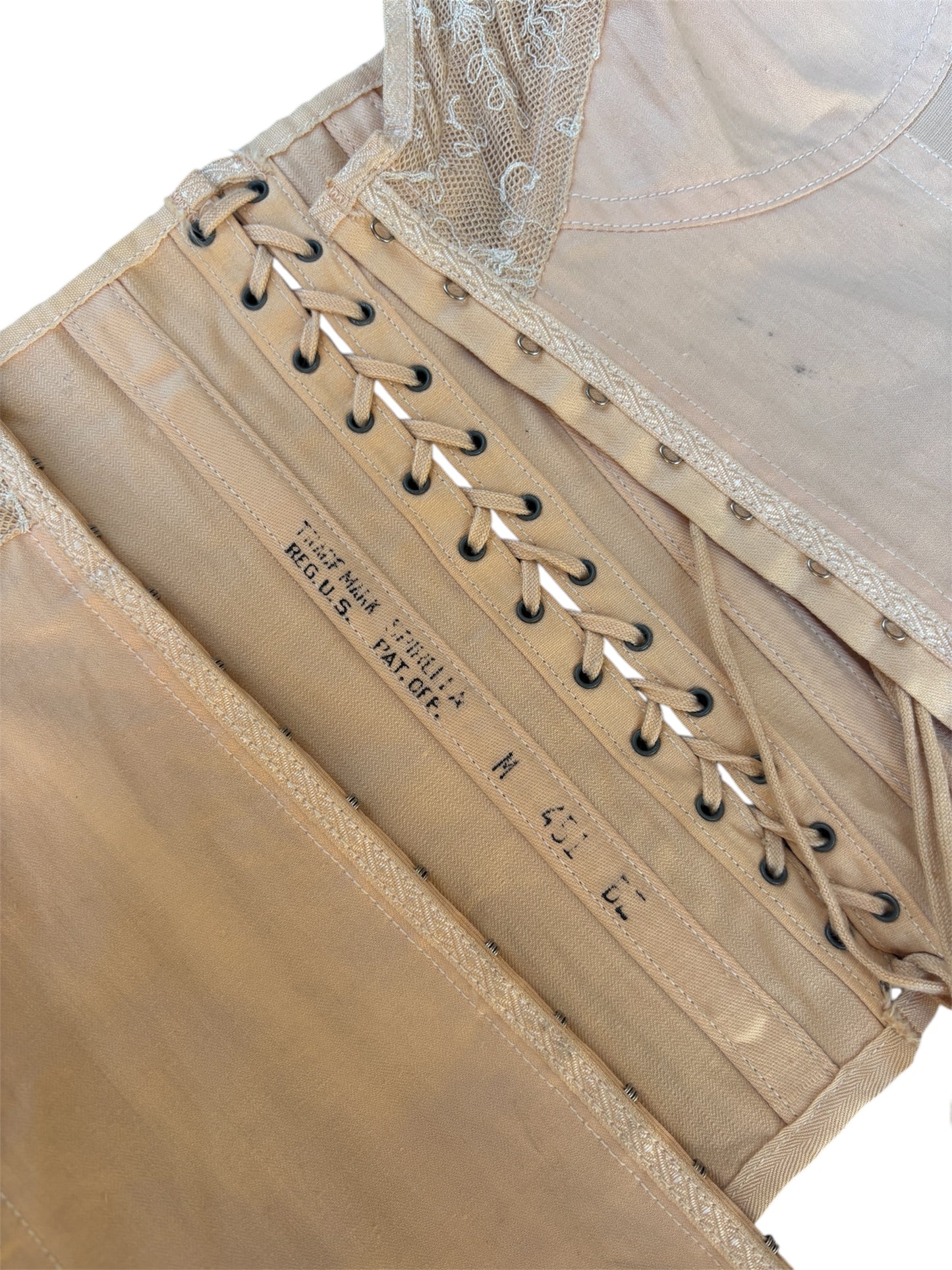 1930s pink/beige lace up corset top