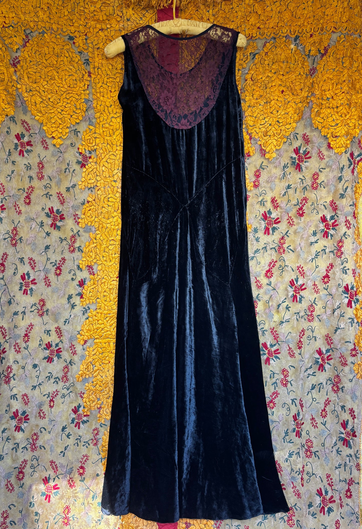 1930s gothic velvet deco gown with lace collar