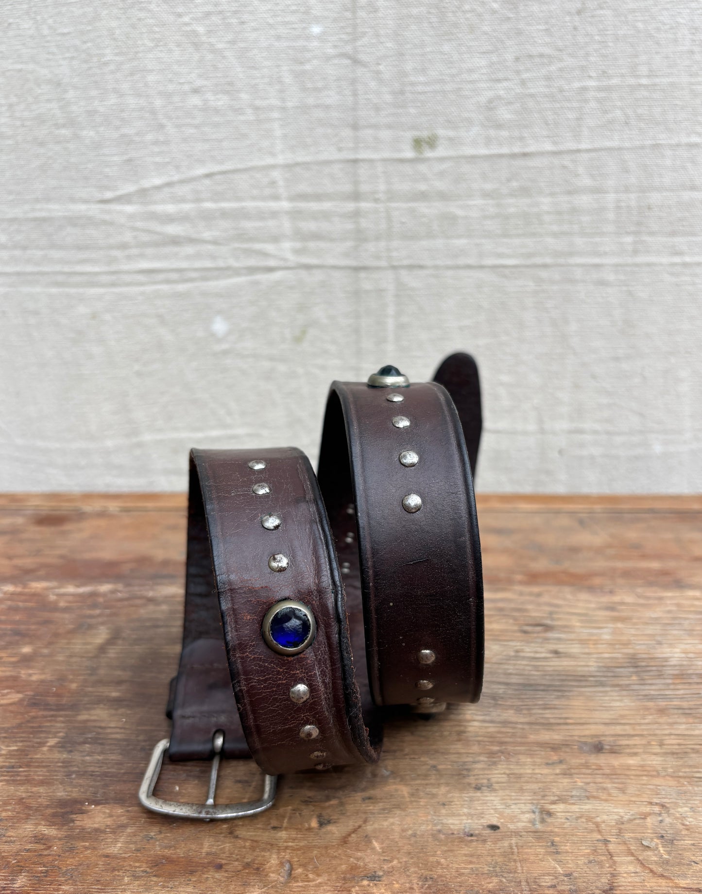 1940s blue toned jeweled & studded leather belt
