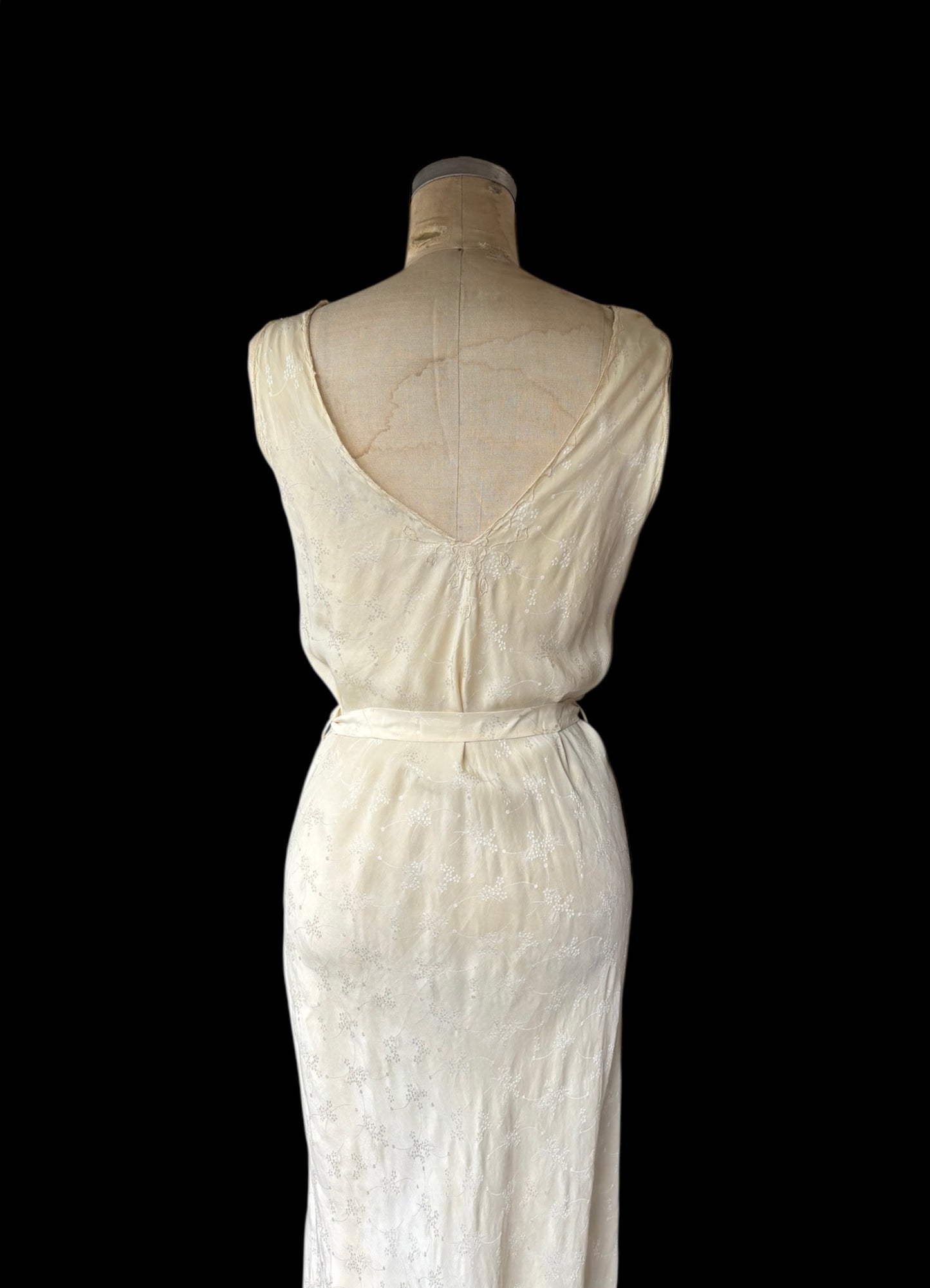 1930s cream bias cut damask & cutwork slip dress
