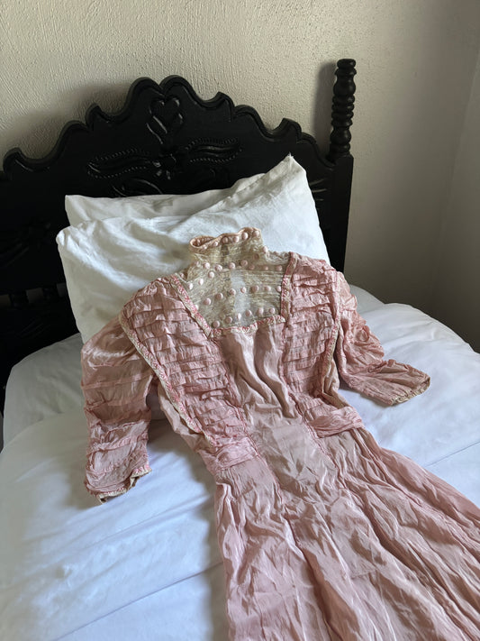 Pink Edwardian lawn dress/tea gown with embroidered lace collar