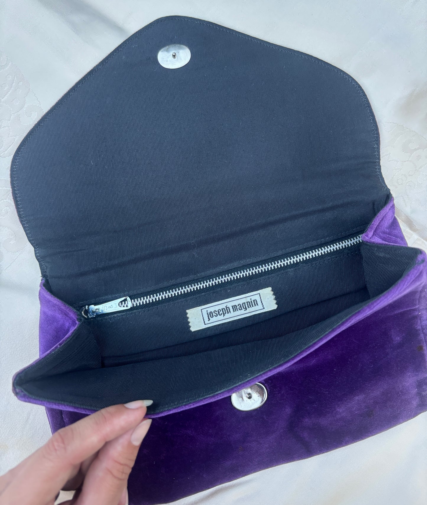 1960s nouveau violet velvet clutch with silver toned sparrow