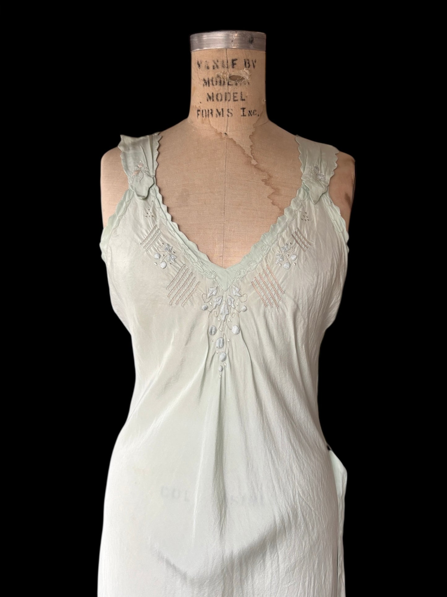 1930s seafoam appliquéd & scalloped slip dress