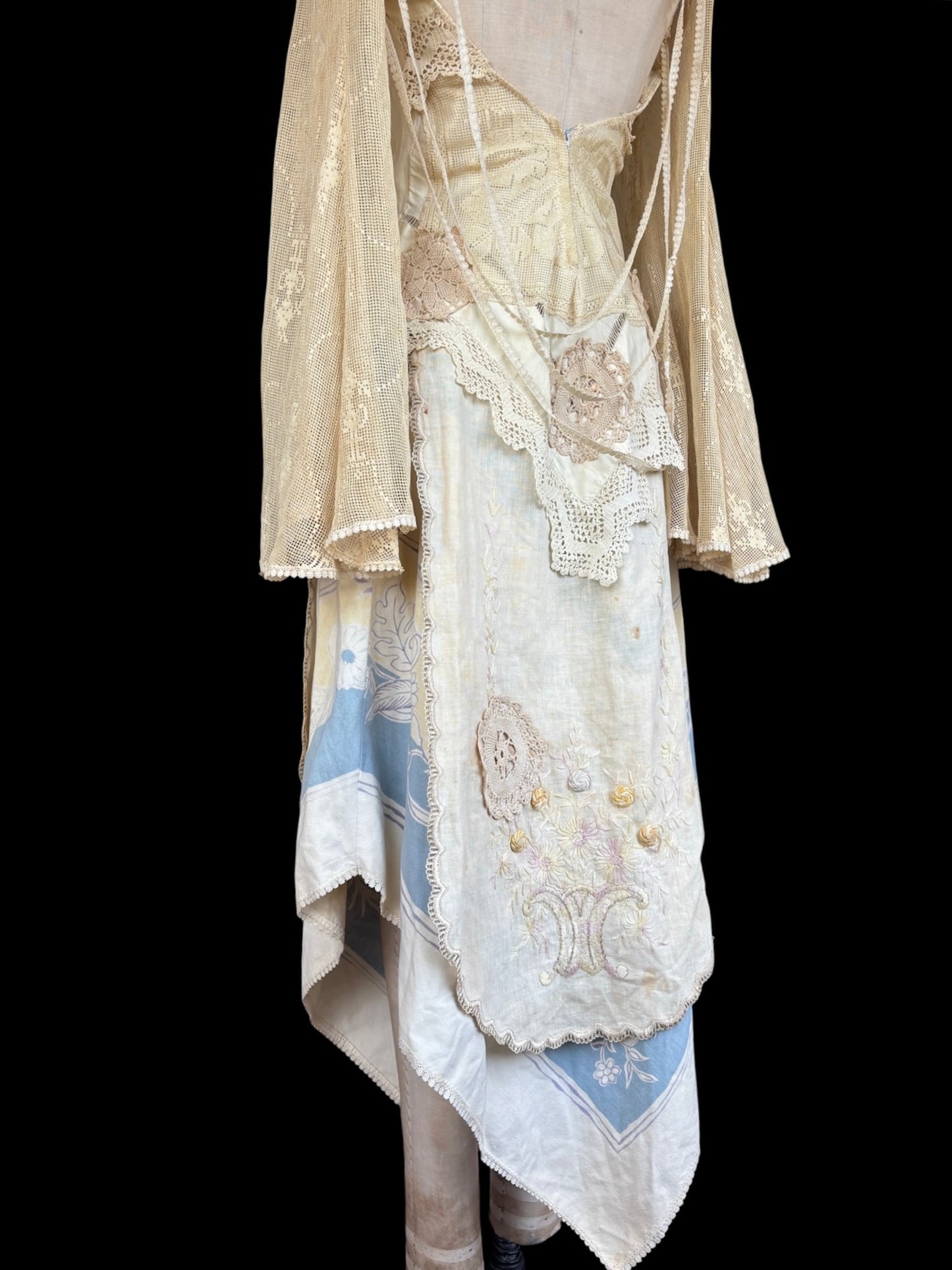 Late 1960s renaissance revival dress made of antique textiles