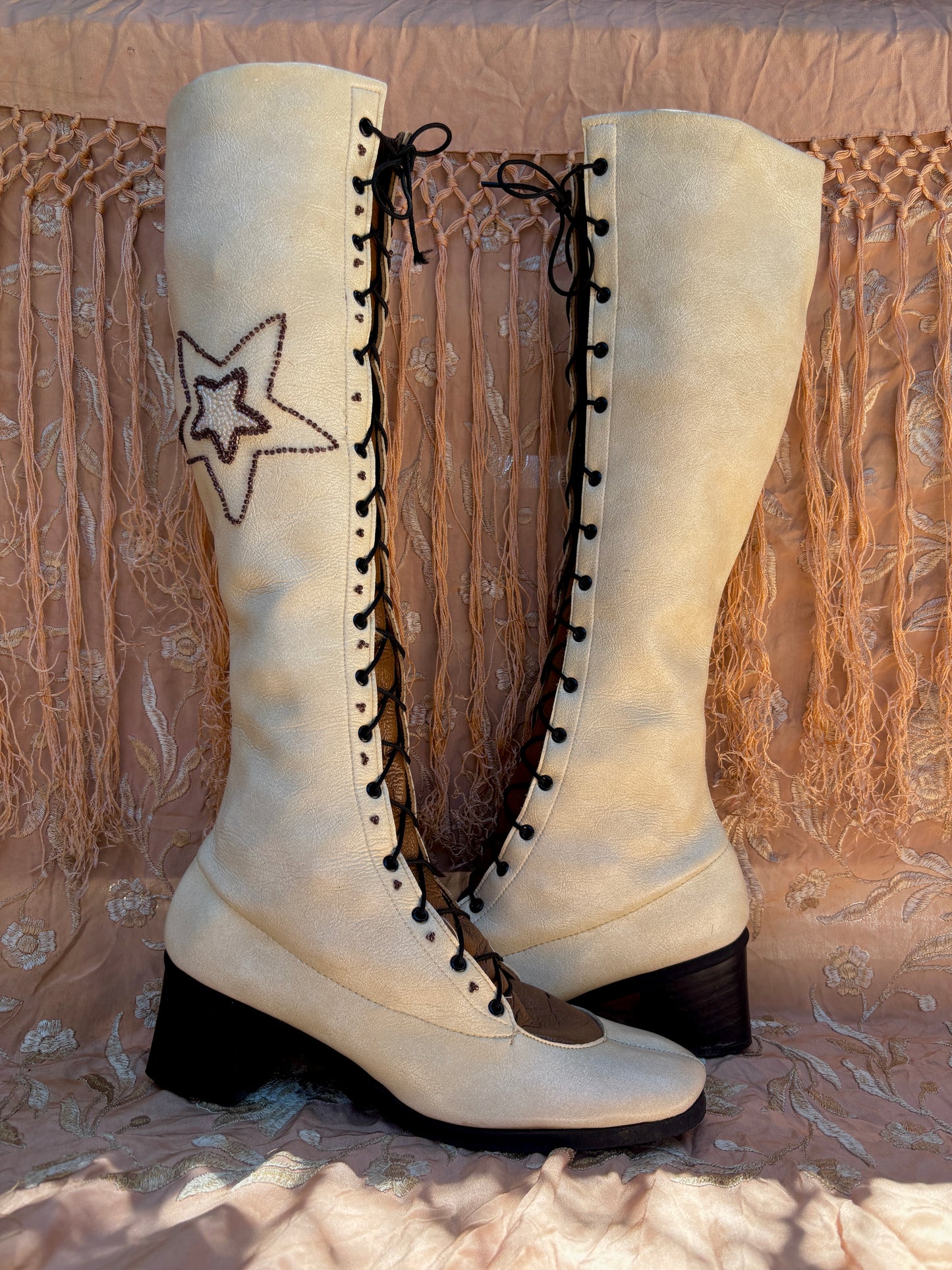 1960s Penny Lane lace up beaded boots