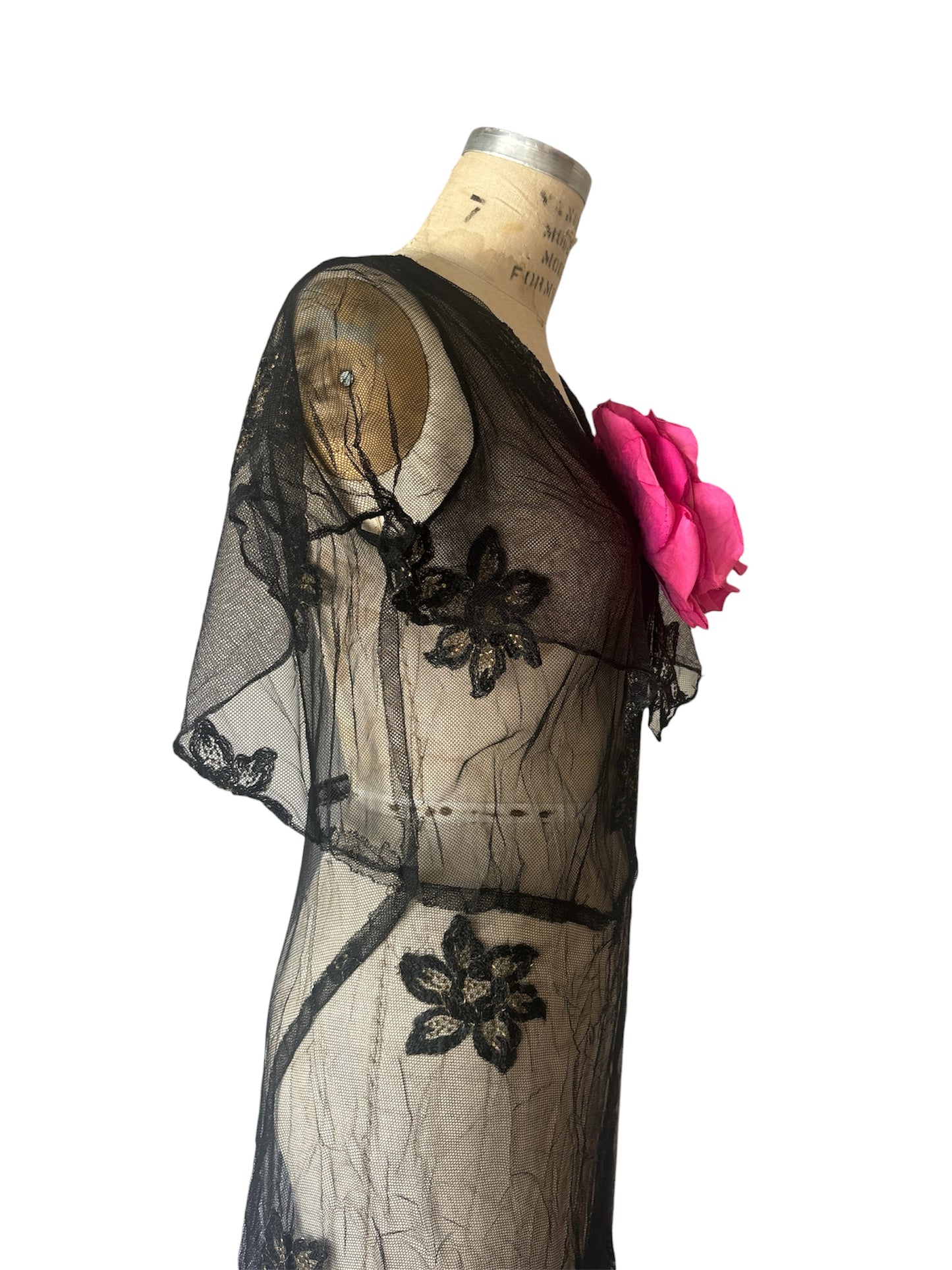 1930s embroidered net gown with velvet rose appliqué