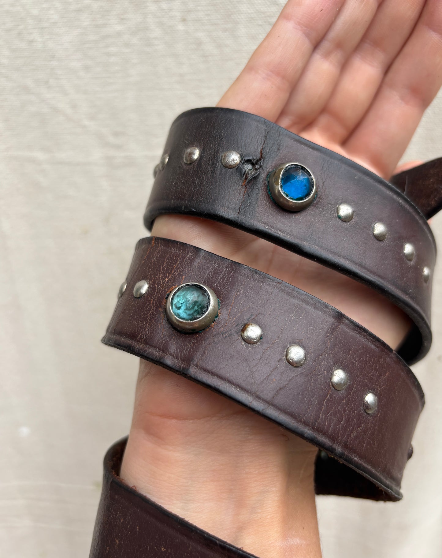 1940s blue toned jeweled & studded leather belt