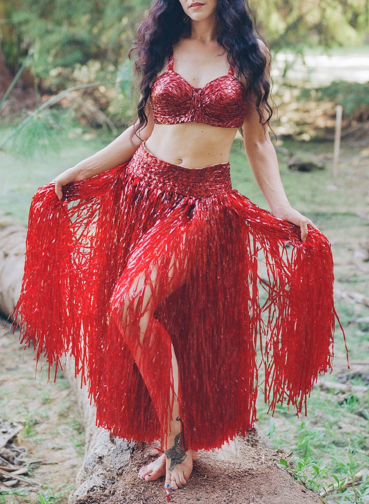 1940 red cellophane showgirl costume owned by drag performer Li-Kar