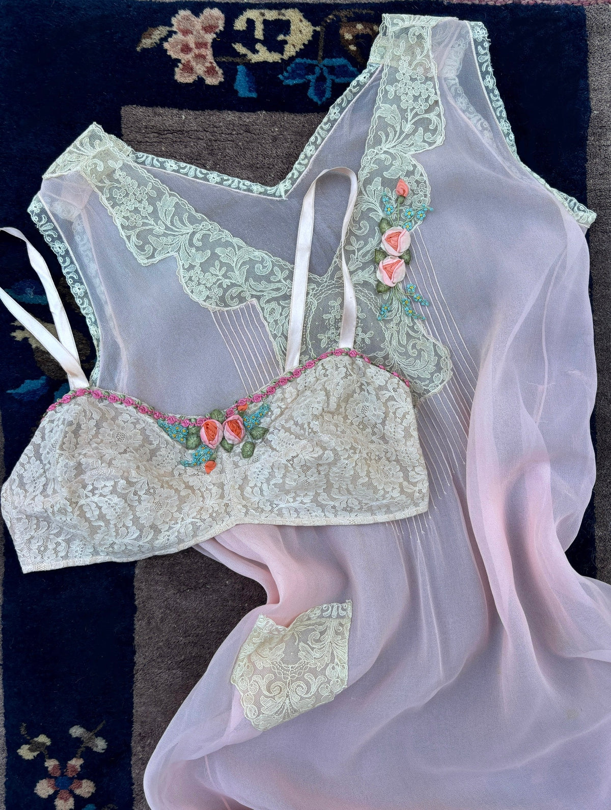 1920s silk chiffon slip with ribbonwork rosettes & lace