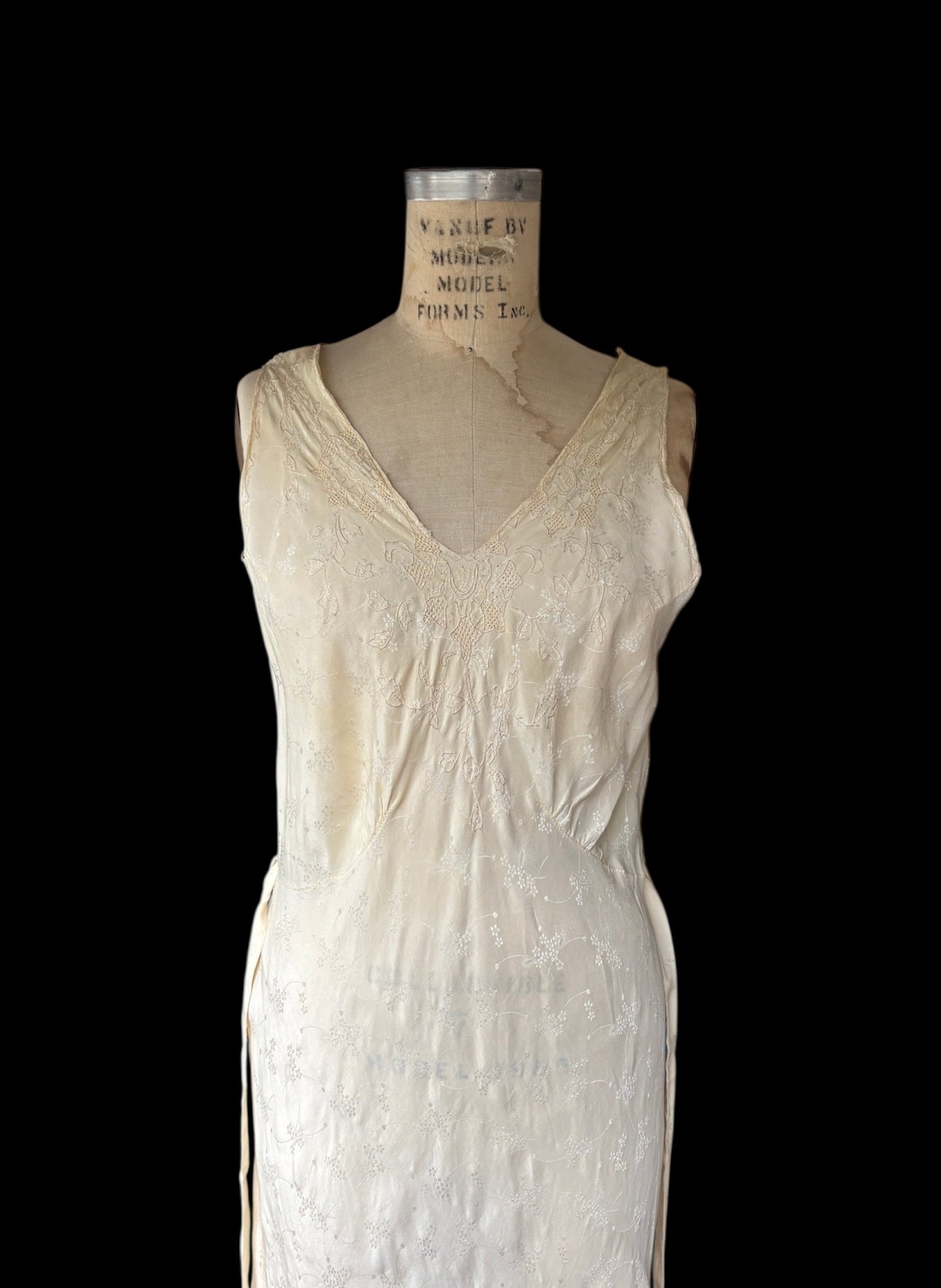 1930s cream bias cut damask & cutwork slip dress