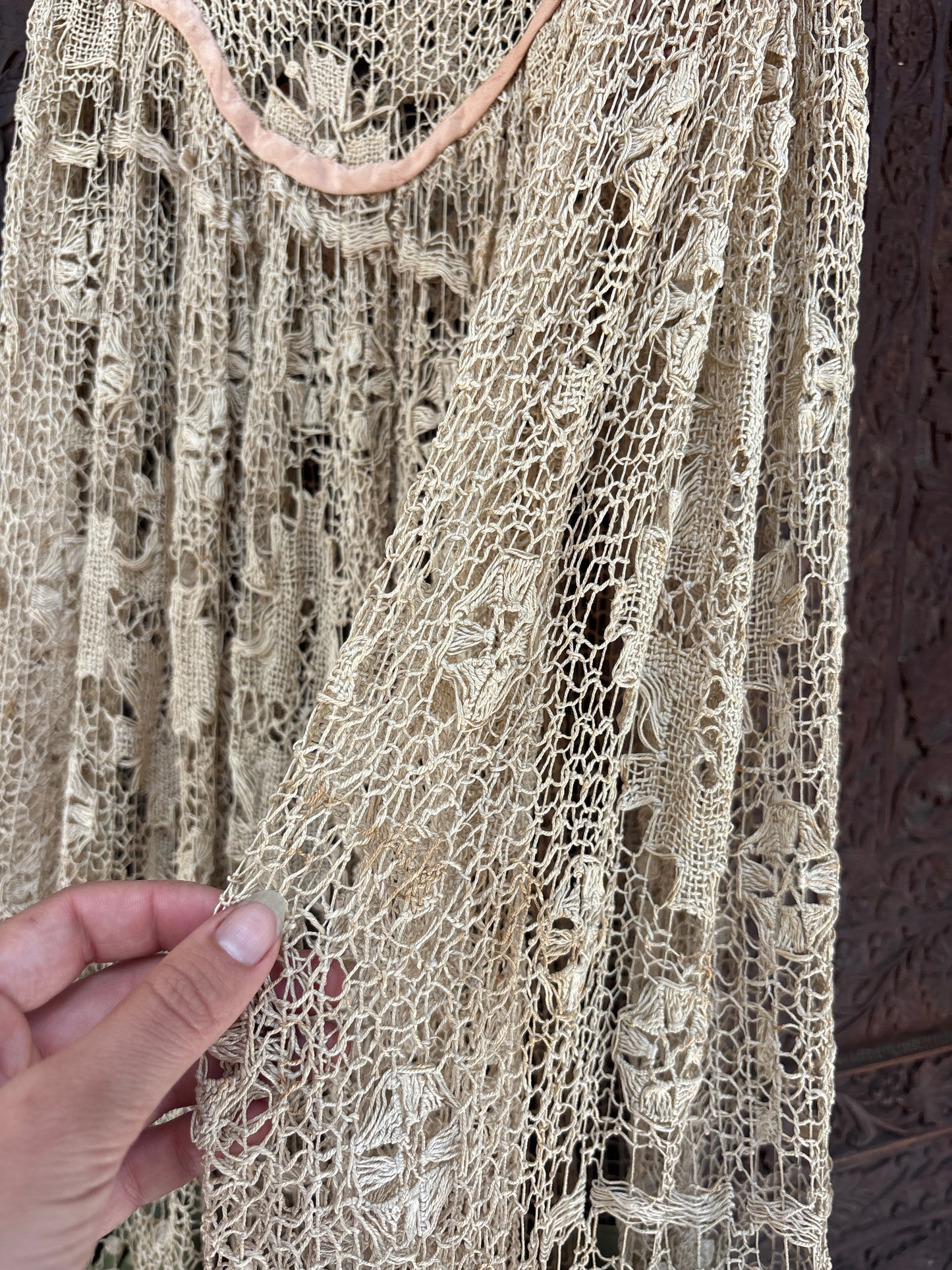 1920s spiderweb crochet net gown with rosettes