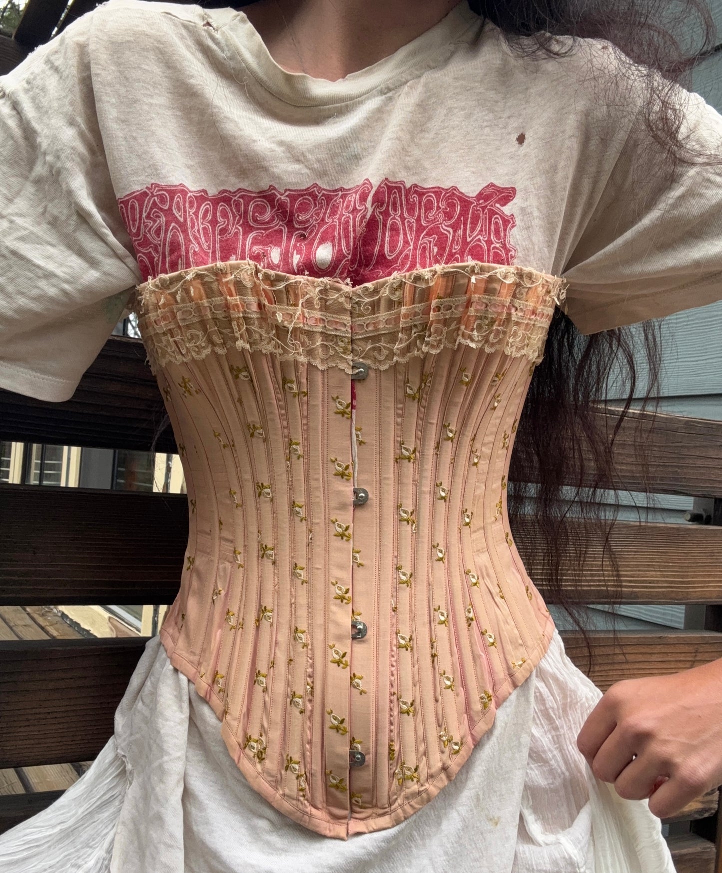 Late Victorian era embroidered whale boned corset