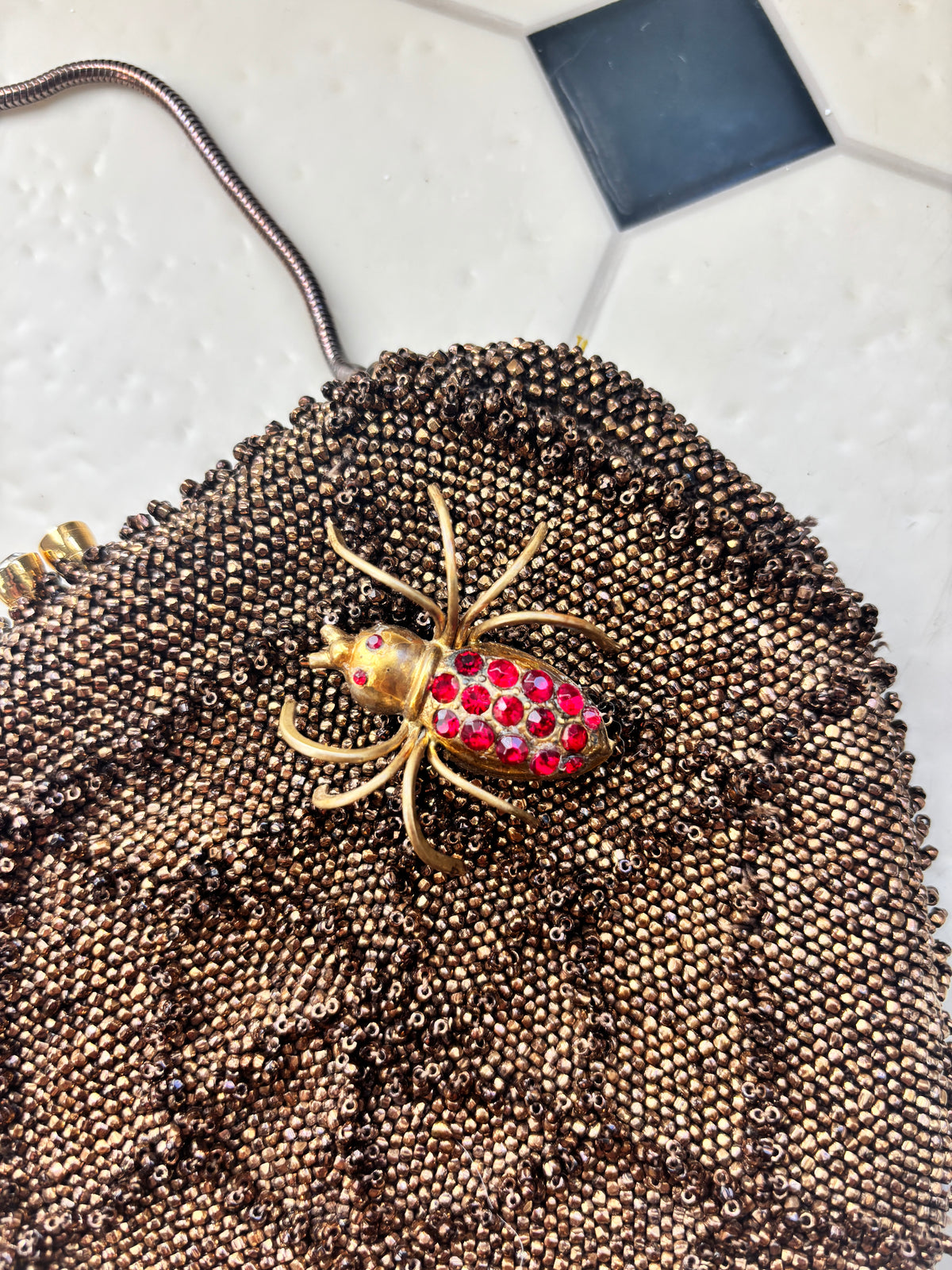 1950s Rare Spiderweb Beaded Purse with Rhinestone Spider