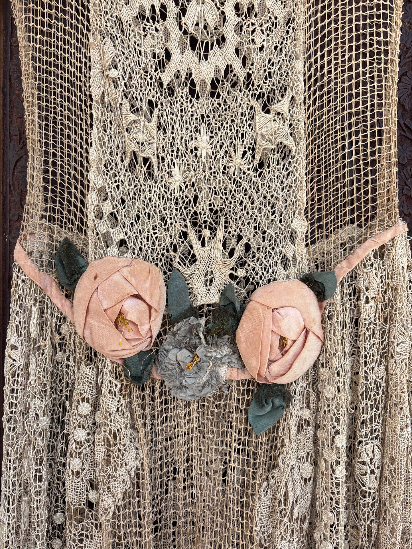 1920s spiderweb crochet net gown with rosettes
